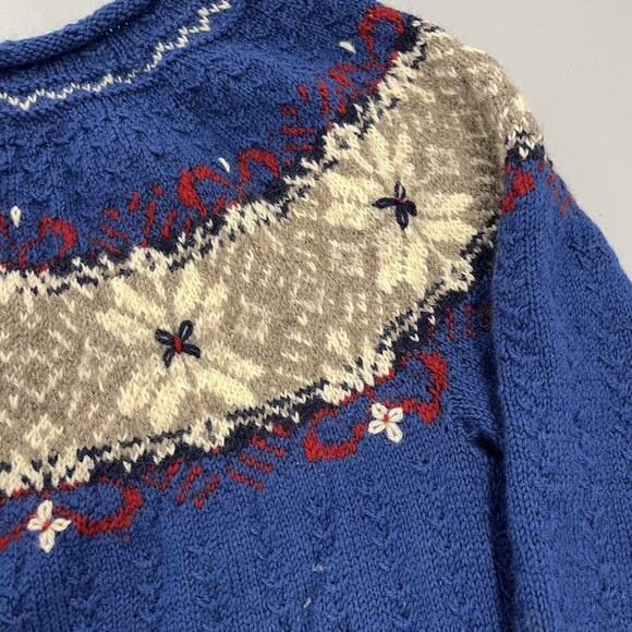 Vintage 80s Blue Pattern Winter Wool Handknit Sweater - Picture 2 of 4